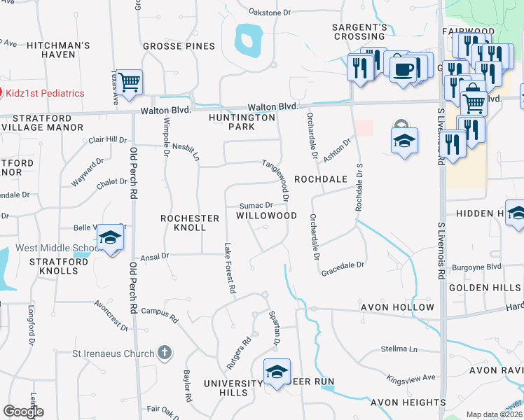 map of restaurants, bars, coffee shops, grocery stores, and more near 1641 Sumac Drive in Rochester Hills