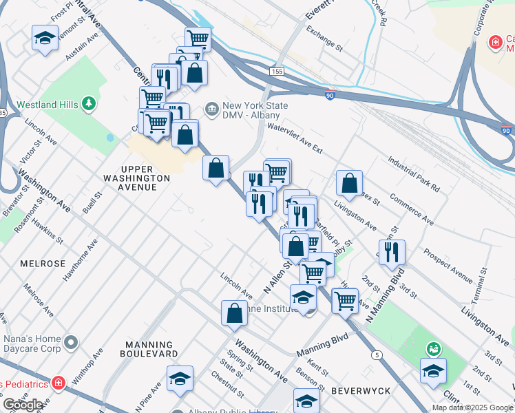 map of restaurants, bars, coffee shops, grocery stores, and more near in Albany