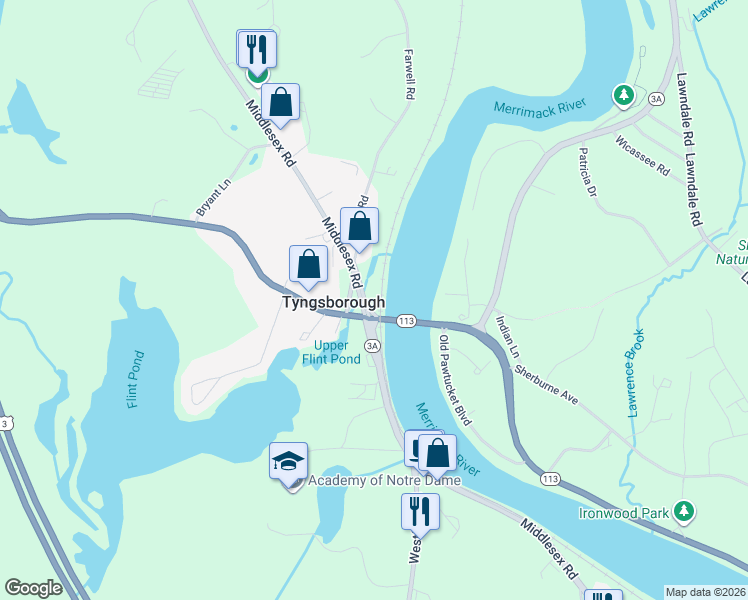map of restaurants, bars, coffee shops, grocery stores, and more near 1 Ferry Lane in Tyngsborough