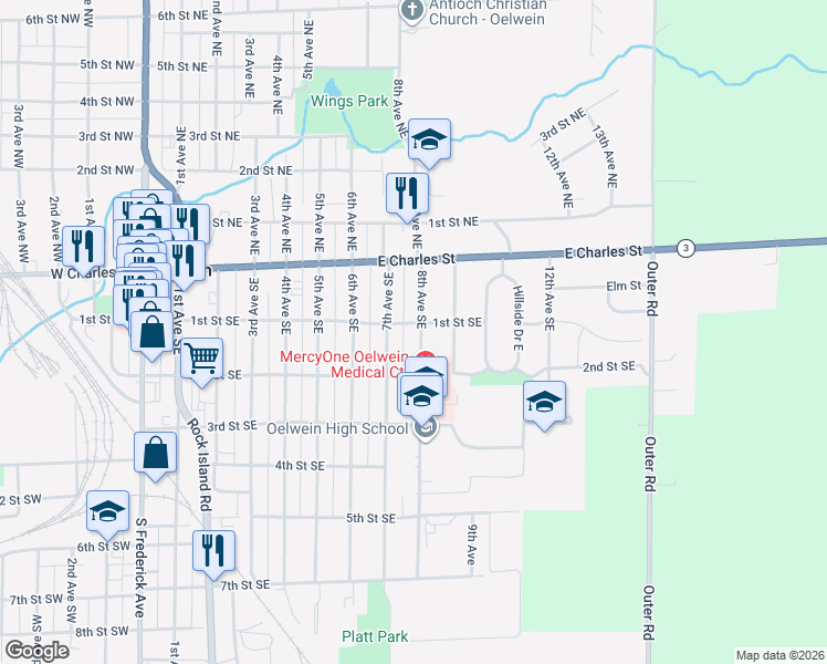 map of restaurants, bars, coffee shops, grocery stores, and more near 101-199 7th Ave SE in Oelwein