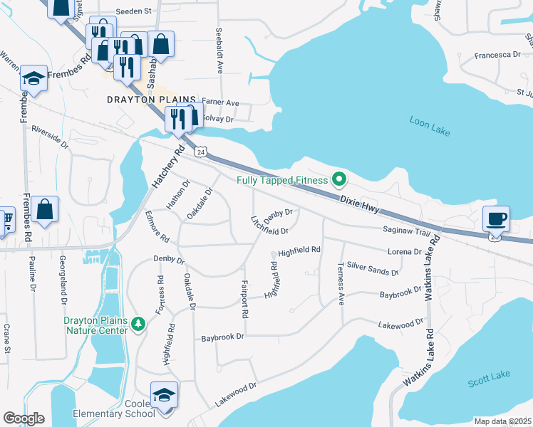 map of restaurants, bars, coffee shops, grocery stores, and more near 2535 Denby Drive in Waterford Township