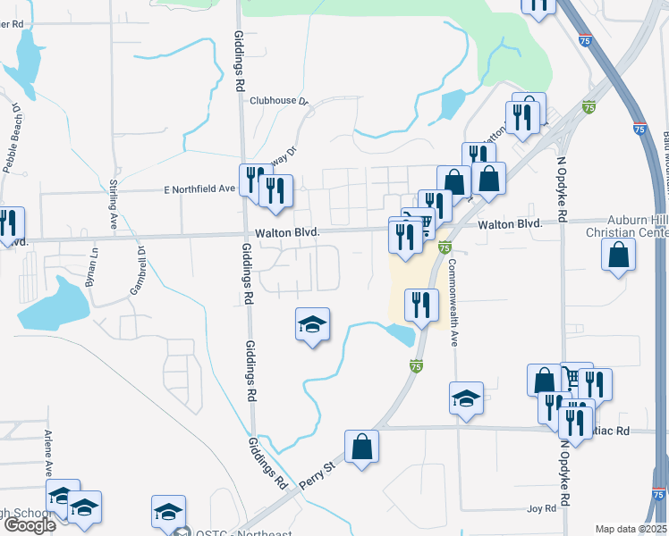 map of restaurants, bars, coffee shops, grocery stores, and more near 15 Beechwoode Lane in Pontiac