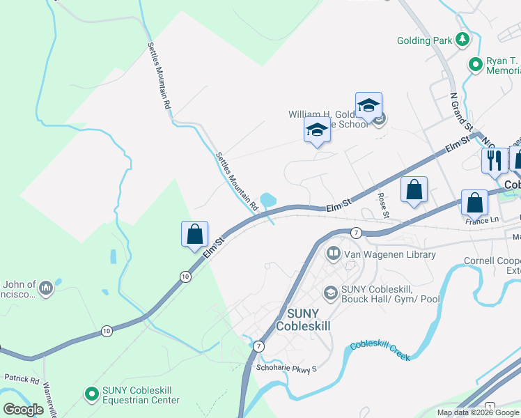 map of restaurants, bars, coffee shops, grocery stores, and more near 248 Elm Street in Cobleskill