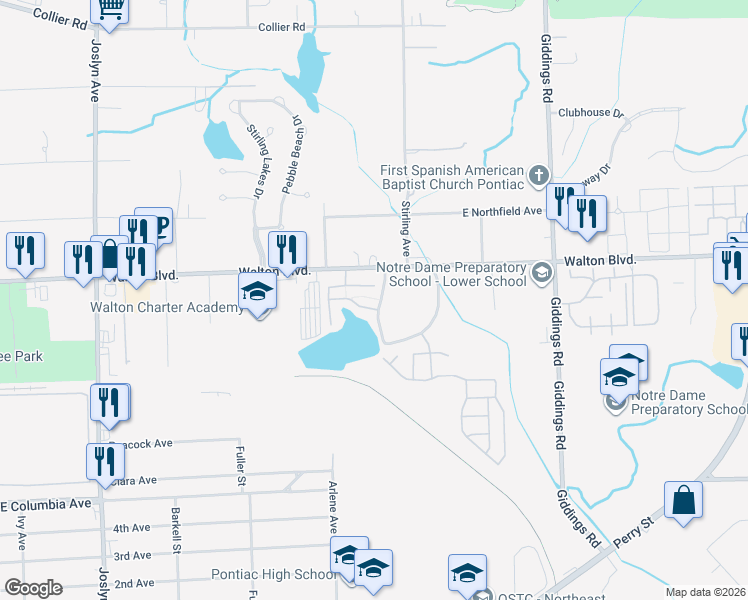 map of restaurants, bars, coffee shops, grocery stores, and more near 856 Amanda Lane in Pontiac
