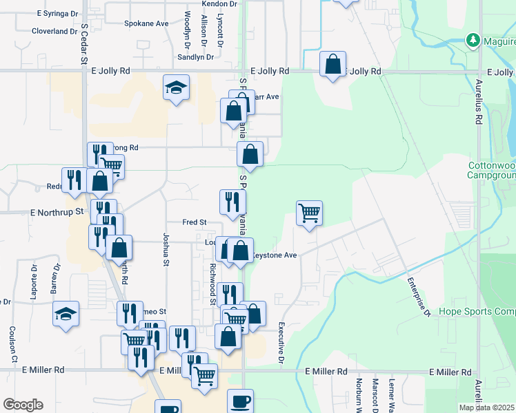map of restaurants, bars, coffee shops, grocery stores, and more near 5525 South Pennsylvania Avenue in Lansing