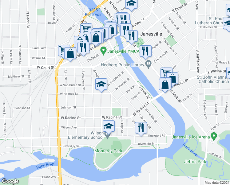 map of restaurants, bars, coffee shops, grocery stores, and more near 321 West Holmes Street in Janesville