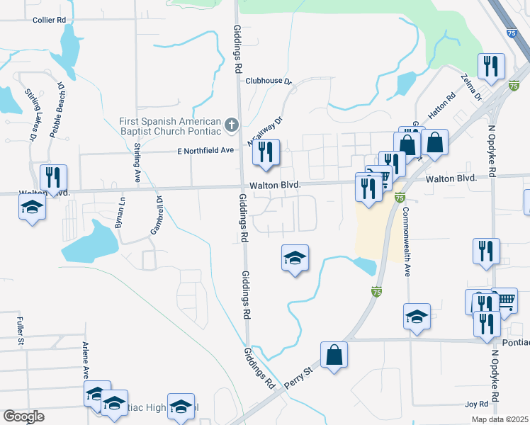 map of restaurants, bars, coffee shops, grocery stores, and more near 1 Birwoode Drive in Pontiac
