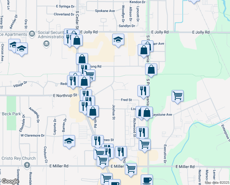 map of restaurants, bars, coffee shops, grocery stores, and more near 5531 Joshua Street in Lansing