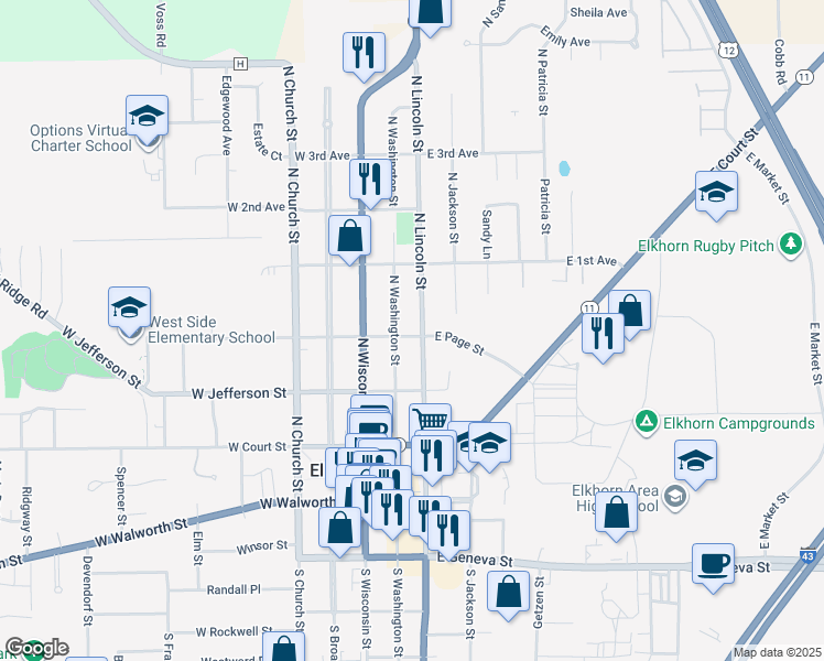 map of restaurants, bars, coffee shops, grocery stores, and more near 223 North Washington Street in Elkhorn