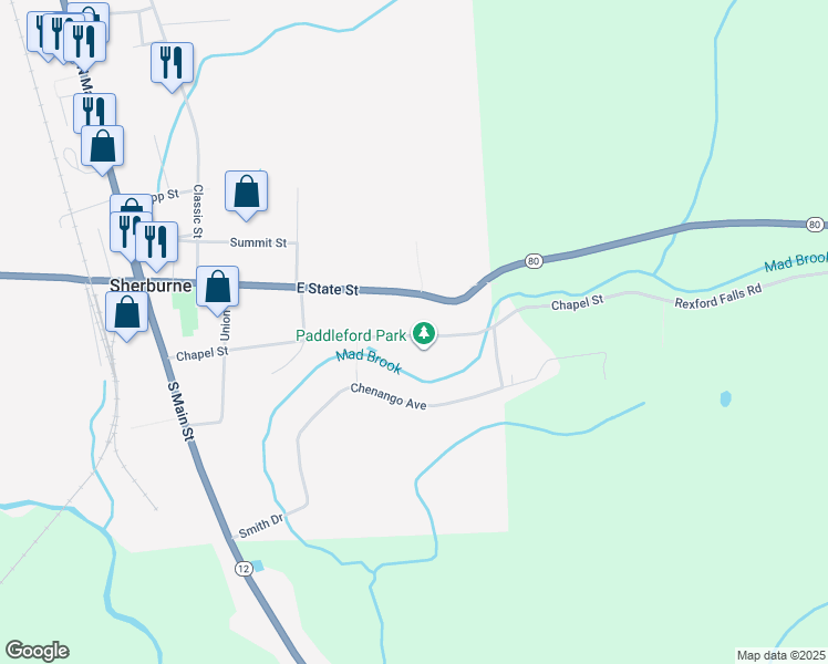 map of restaurants, bars, coffee shops, grocery stores, and more near 59 Chapel Street in Sherburne