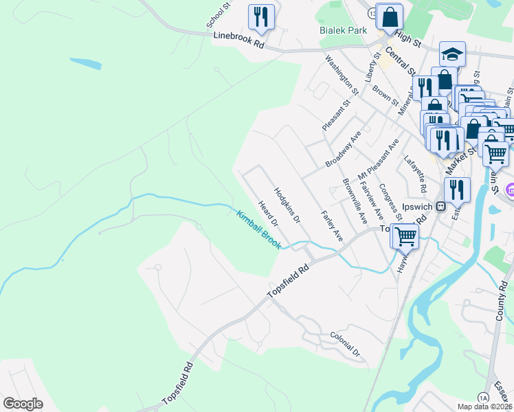 map of restaurants, bars, coffee shops, grocery stores, and more near 22 Heard Drive in Ipswich