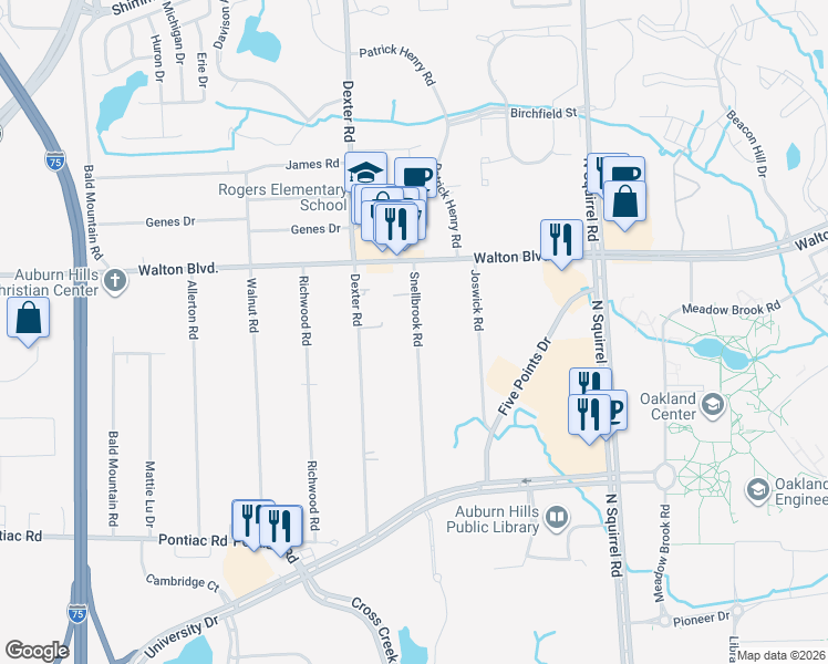 map of restaurants, bars, coffee shops, grocery stores, and more near 2375 Snellbrook Road in Auburn Hills