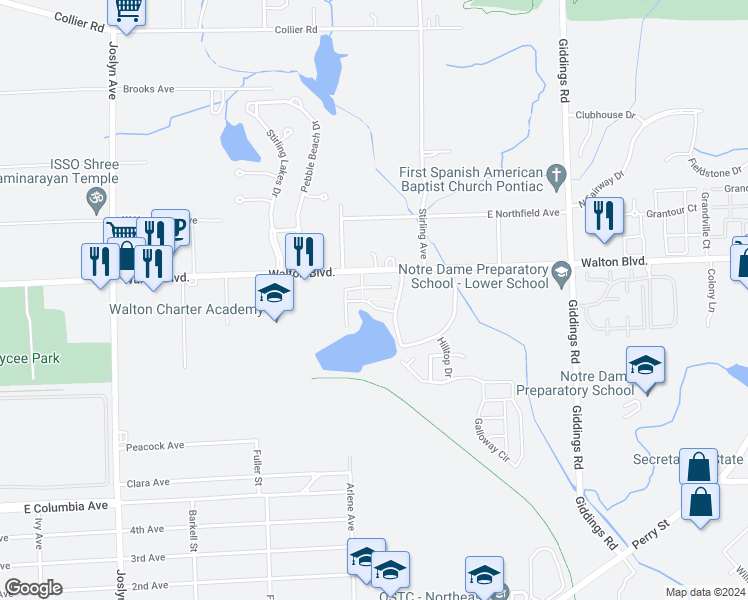 map of restaurants, bars, coffee shops, grocery stores, and more near 853 Amanda Lane in Pontiac