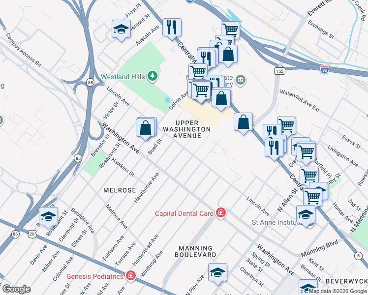 map of restaurants, bars, coffee shops, grocery stores, and more near Danker Avenue in Albany