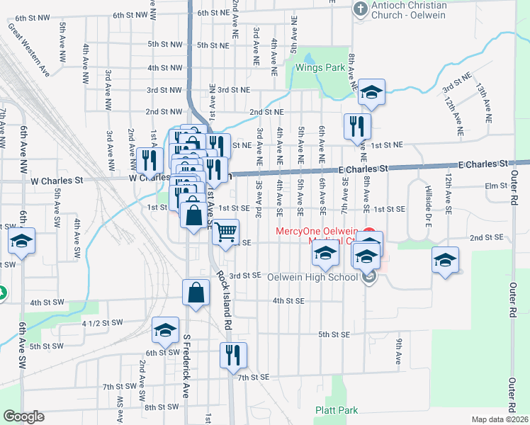 map of restaurants, bars, coffee shops, grocery stores, and more near 112 3rd Avenue Southeast in Oelwein