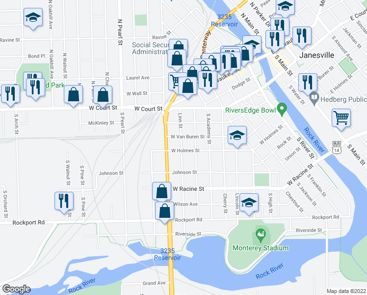 map of restaurants, bars, coffee shops, grocery stores, and more near 221 Linn Street in Janesville