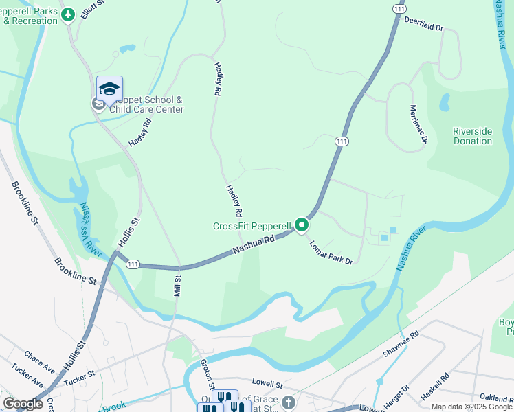 map of restaurants, bars, coffee shops, grocery stores, and more near 5 Hadley Road in Pepperell