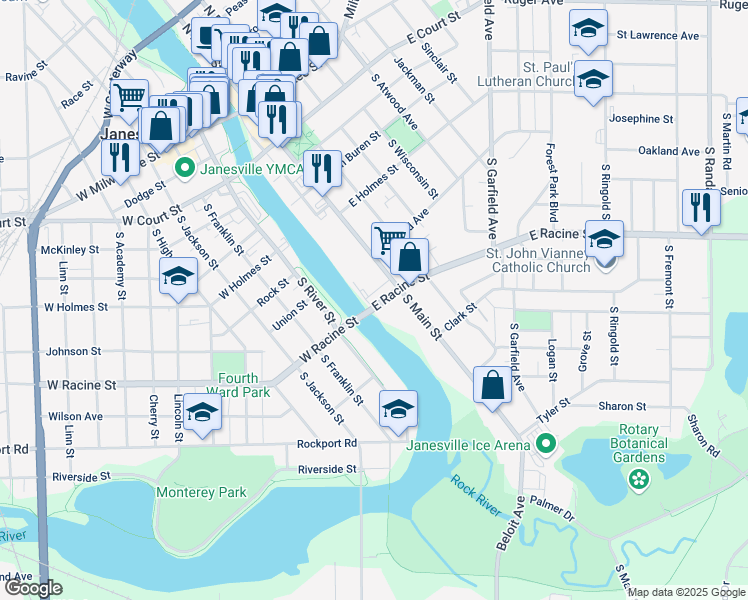 map of restaurants, bars, coffee shops, grocery stores, and more near 26 Kerwin Mathews Court in Janesville