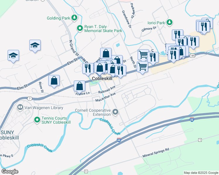 map of restaurants, bars, coffee shops, grocery stores, and more near 214 Railroad Avenue in Richmondville