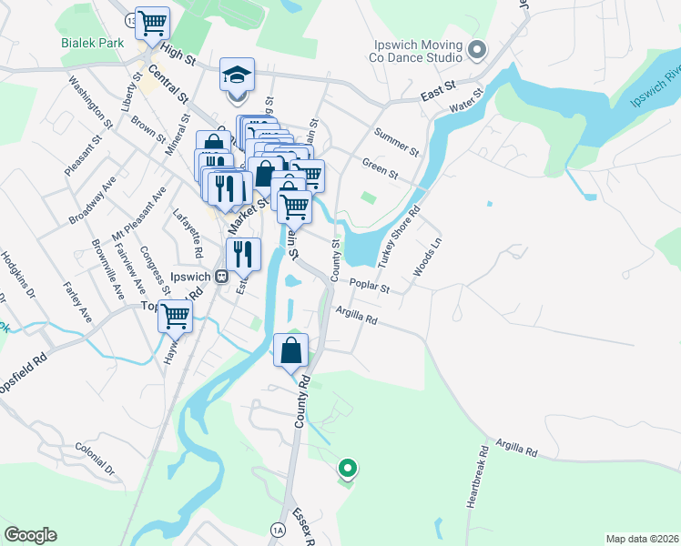 map of restaurants, bars, coffee shops, grocery stores, and more near 3 Poplar Street in Ipswich
