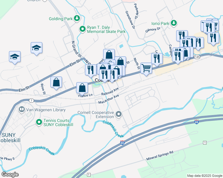 map of restaurants, bars, coffee shops, grocery stores, and more near 214 Railroad Avenue in Richmondville