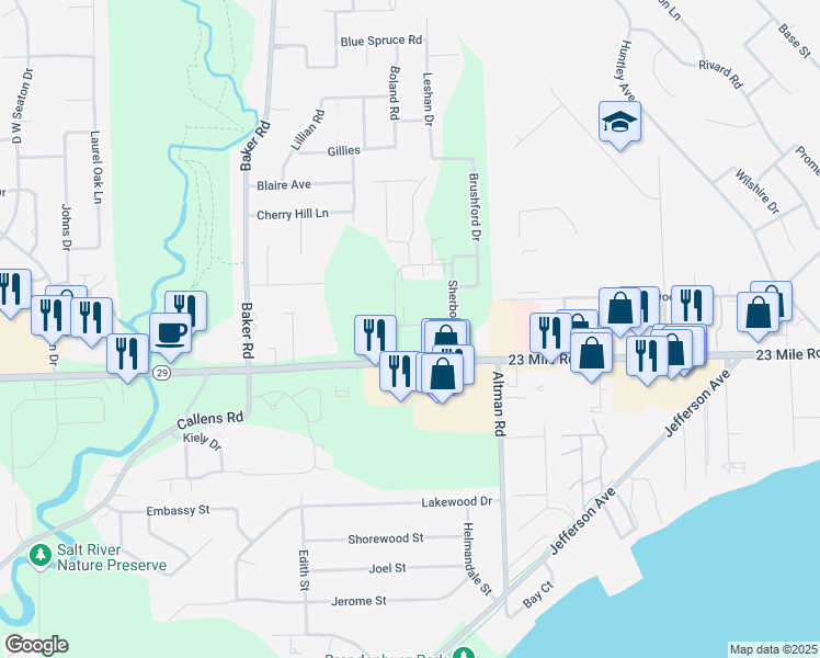 map of restaurants, bars, coffee shops, grocery stores, and more near 34685 Cricklewood Boulevard in New Baltimore