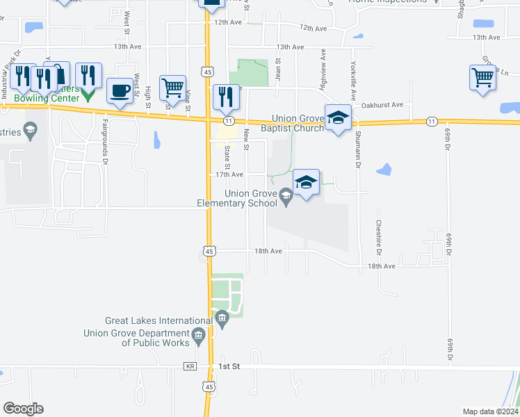 map of restaurants, bars, coffee shops, grocery stores, and more near 1772 Milldrum Street in Union Grove