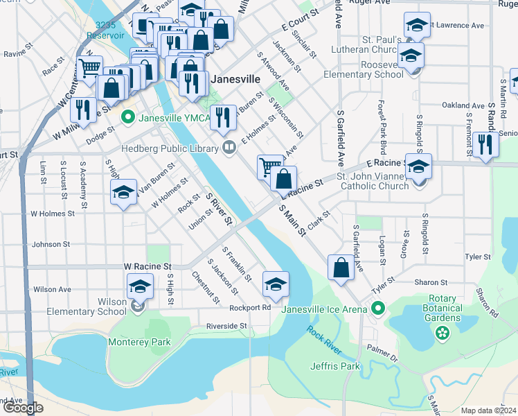 map of restaurants, bars, coffee shops, grocery stores, and more near 12 East Racine Street in Janesville