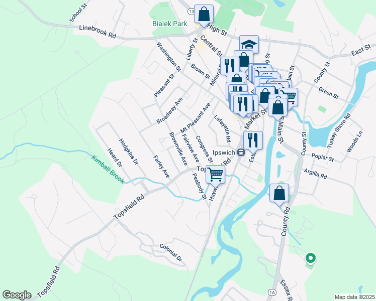 map of restaurants, bars, coffee shops, grocery stores, and more near 14 Fairview Avenue in Ipswich