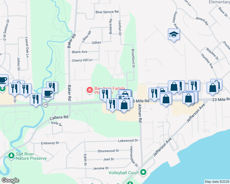 map of restaurants, bars, coffee shops, grocery stores, and more near 34685 Cricklewood Boulevard in New Baltimore