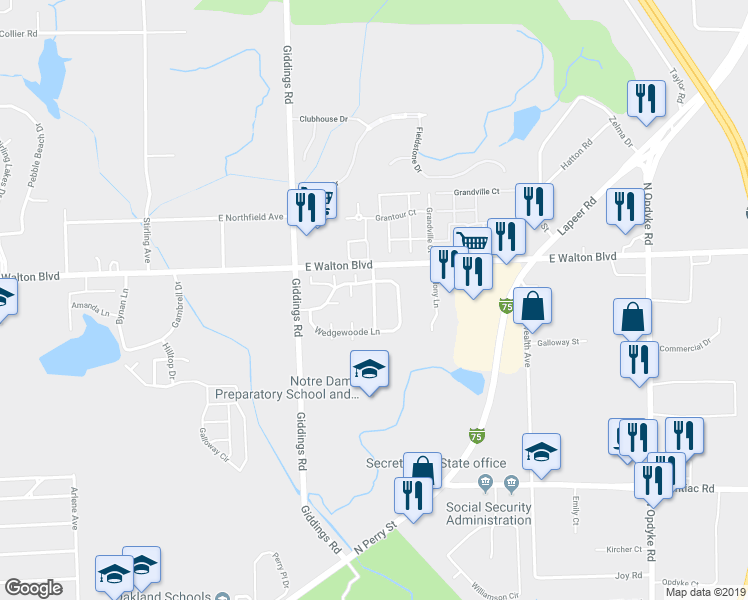 map of restaurants, bars, coffee shops, grocery stores, and more near 35 Greenwoode Lane in Pontiac