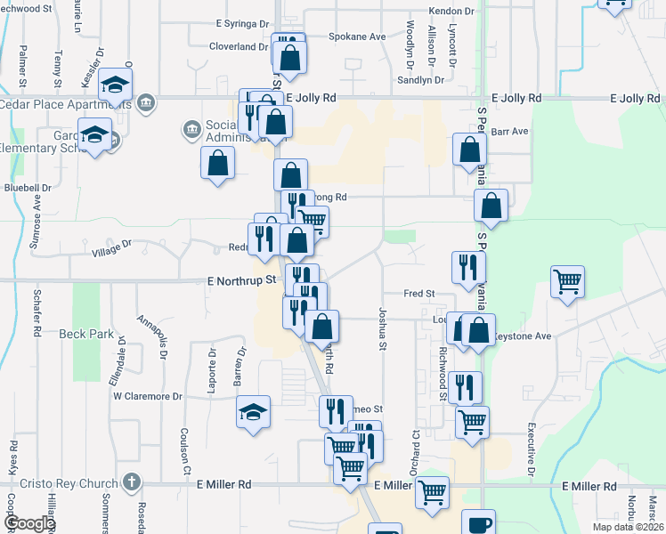 map of restaurants, bars, coffee shops, grocery stores, and more near 5540 Kaynorth Road in Lansing