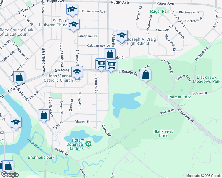 map of restaurants, bars, coffee shops, grocery stores, and more near 605 South Randall Avenue in Janesville