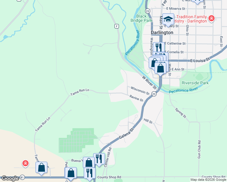map of restaurants, bars, coffee shops, grocery stores, and more near 423 Ravine Street in Darlington