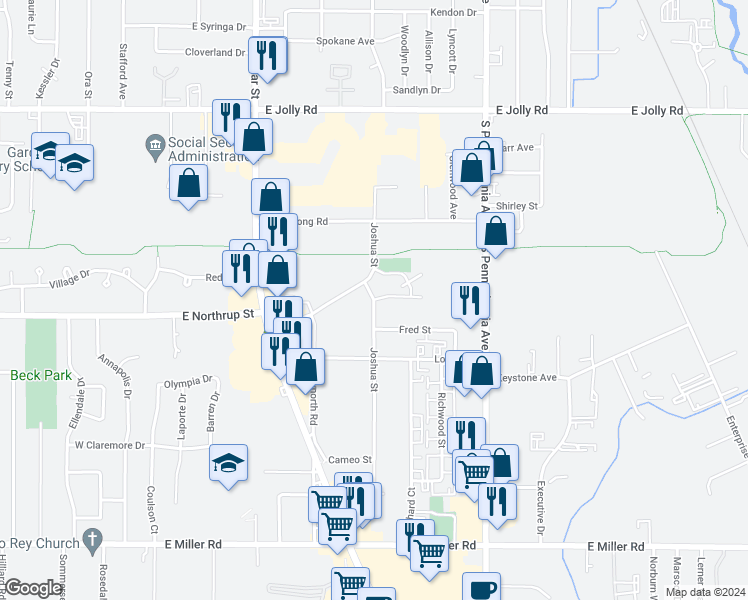 map of restaurants, bars, coffee shops, grocery stores, and more near 5509 Joshua Street in Lansing