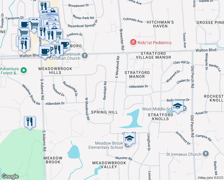 map of restaurants, bars, coffee shops, grocery stores, and more near 256 East Maryknoll Road in Rochester Hills
