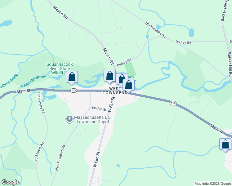 map of restaurants, bars, coffee shops, grocery stores, and more near 6 West Elm Street in Townsend