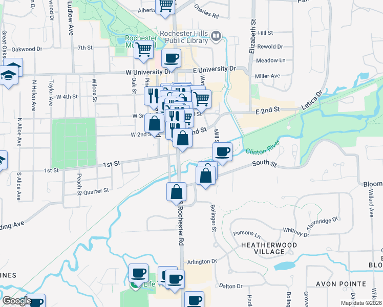 map of restaurants, bars, coffee shops, grocery stores, and more near 44 Mill Street in Rochester
