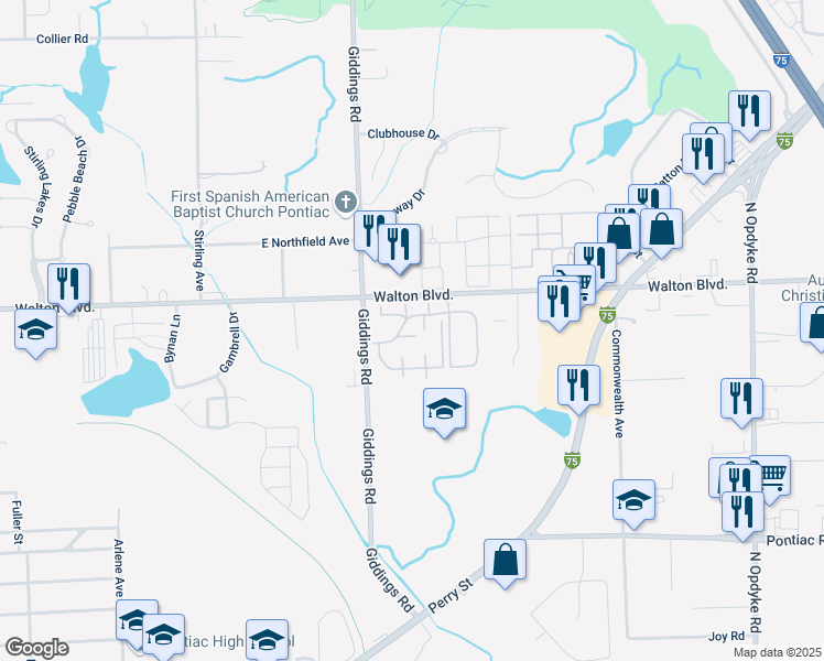 map of restaurants, bars, coffee shops, grocery stores, and more near 45 Wedgewoode Lane in Pontiac