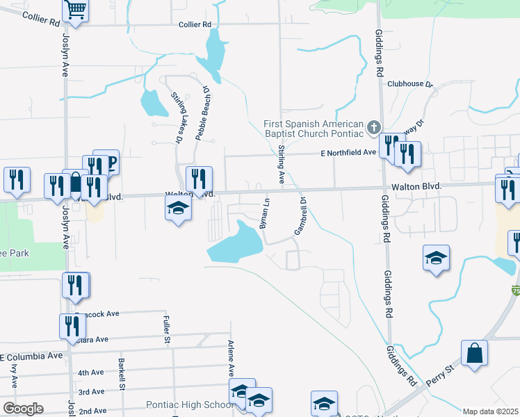 map of restaurants, bars, coffee shops, grocery stores, and more near 856 Amanda Lane in Pontiac