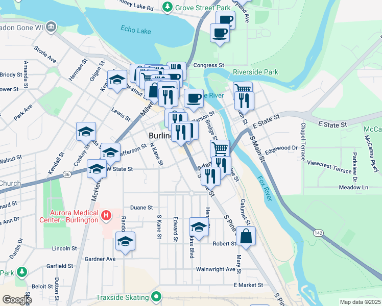 map of restaurants, bars, coffee shops, grocery stores, and more near 116 South Pine Street in Burlington