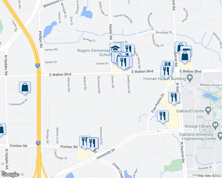 map of restaurants, bars, coffee shops, grocery stores, and more near 2391 Dexter Road in Auburn Hills