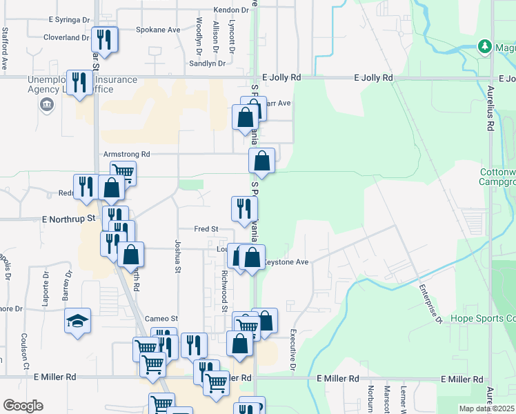 map of restaurants, bars, coffee shops, grocery stores, and more near 5525 South Pennsylvania Avenue in Lansing