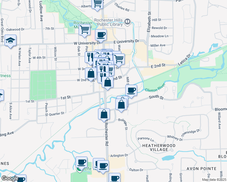 map of restaurants, bars, coffee shops, grocery stores, and more near 44 Mill Street in Rochester