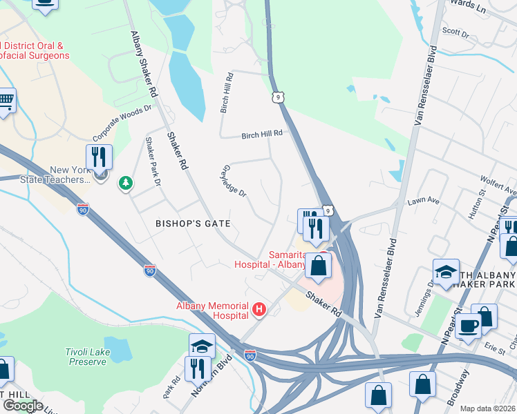 map of restaurants, bars, coffee shops, grocery stores, and more near 36 Greyledge Drive in Albany