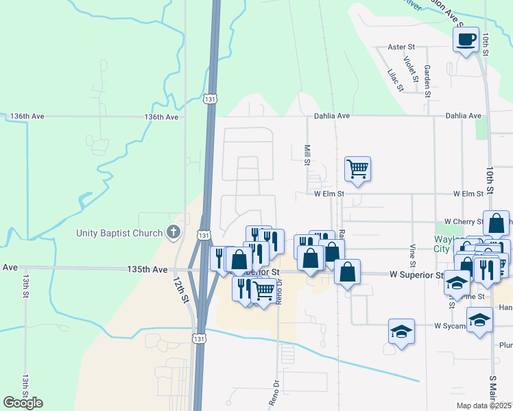 map of restaurants, bars, coffee shops, grocery stores, and more near 1149 Calgary Lane in Wayland