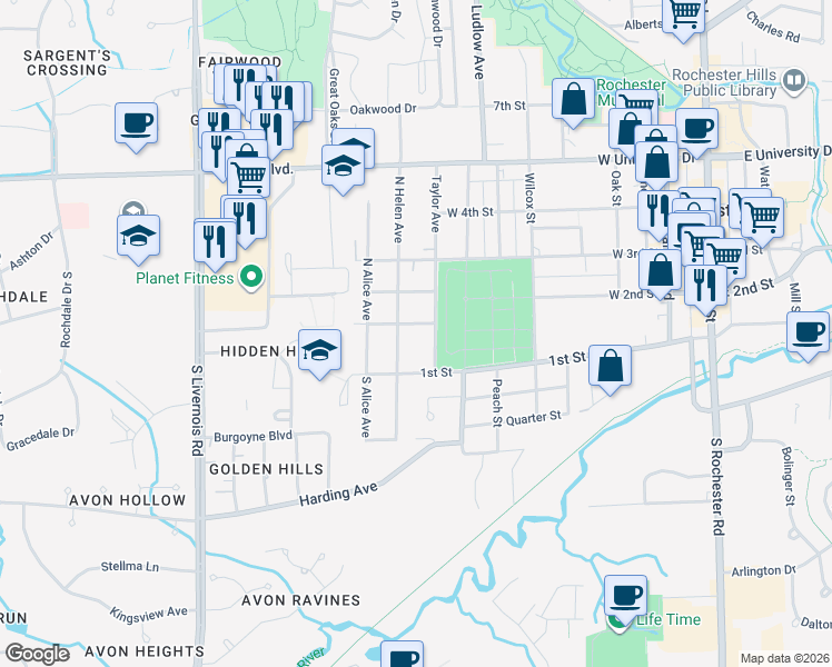 map of restaurants, bars, coffee shops, grocery stores, and more near 115 Taylor Avenue in Rochester