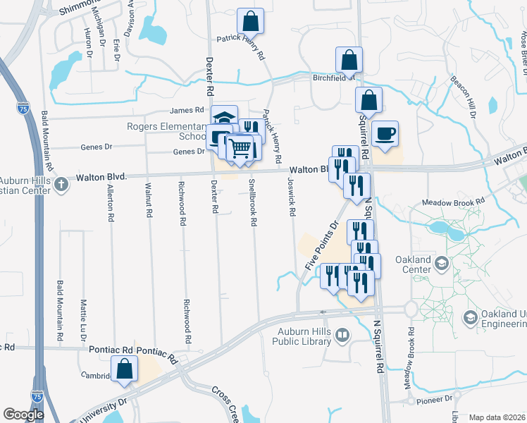 map of restaurants, bars, coffee shops, grocery stores, and more near 2384 Snellbrook Road in Auburn Hills