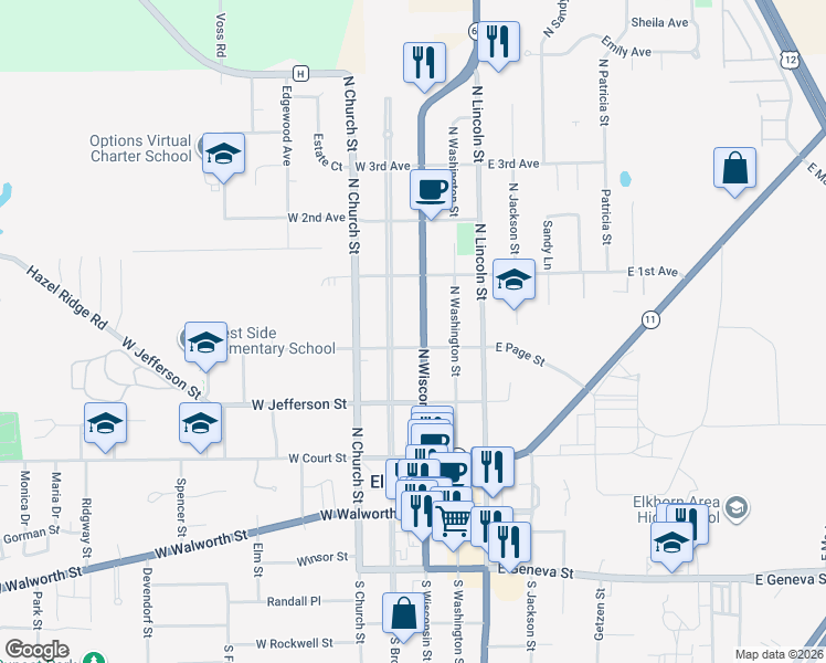 map of restaurants, bars, coffee shops, grocery stores, and more near 223 North Wisconsin Street in Elkhorn