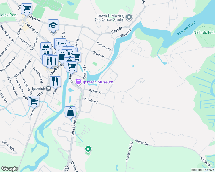 map of restaurants, bars, coffee shops, grocery stores, and more near 7 Woods Lane in Ipswich